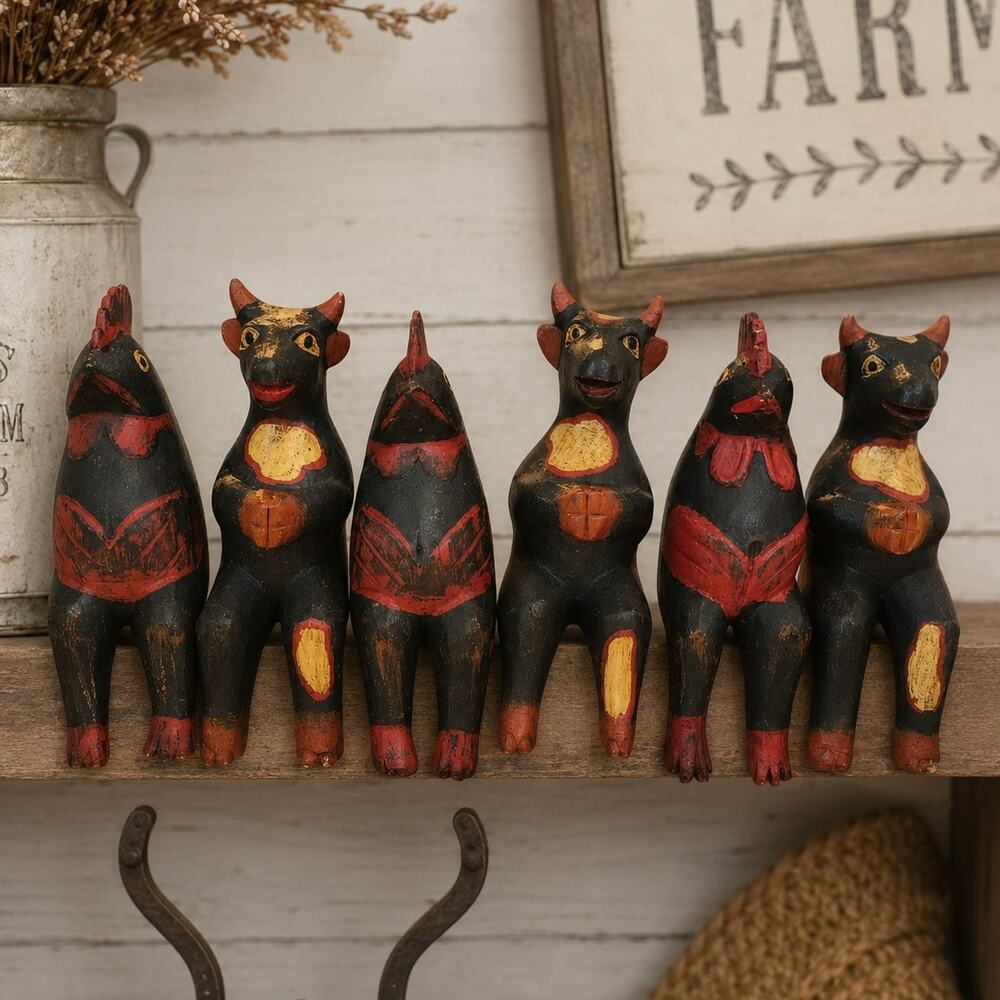 VTG Indonesian Hand Carved Set Shelf Sitters Folk Art Figurines Kitschy Animals